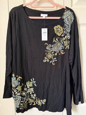# J. Jill 2X Black Long-Sleeve Top with Paisley Floral Embroidery